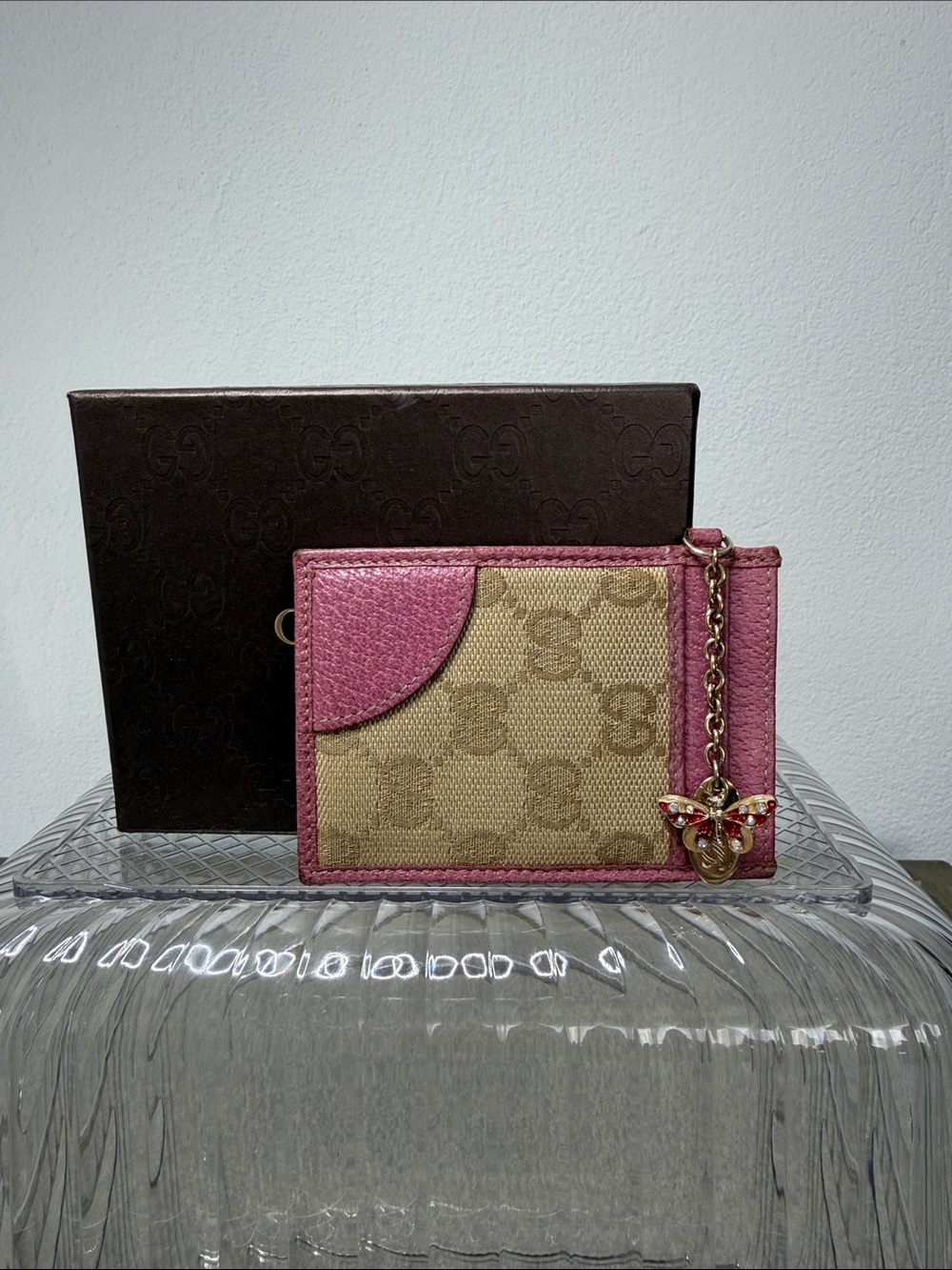 Gucci Beige GG Canvas Card Holder with Pink Leather Trim & Butterfly Charm